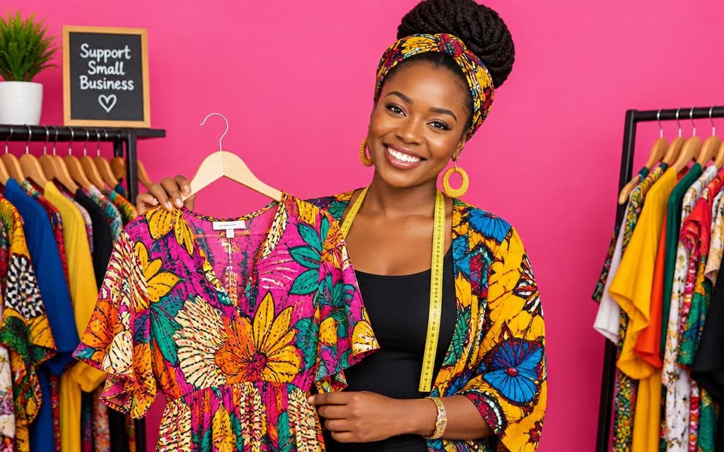 A boutique owner showing a colorful garment in her shop